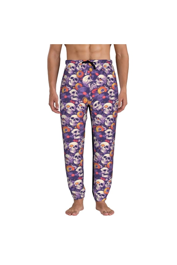 music Skull record Print Mens Jogger Sweatpants, Men's Lounge Pants with Pockets-XX-Large