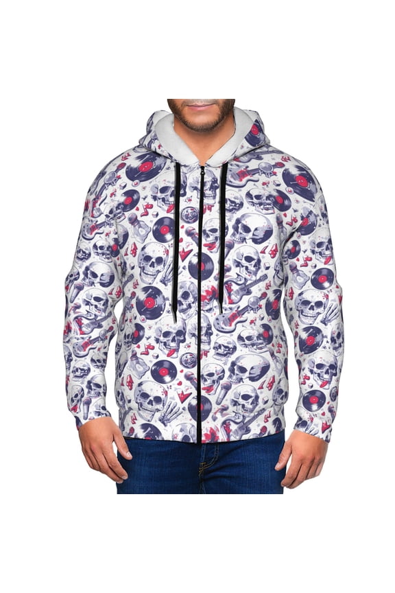 music Skull record mike Print Hoodies for Men, Pullover & Full Zip, Breathable Zip up Hoodie, Sweatshirt-Medium