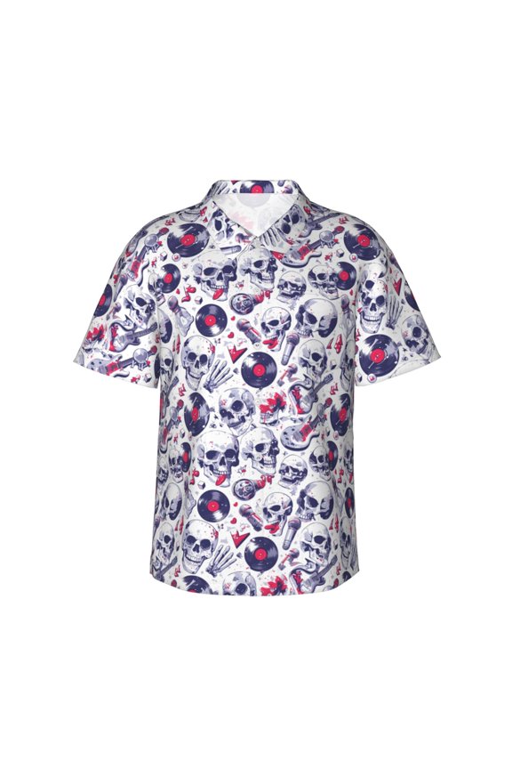 music Skull record mike Print Men’s Hawaiian Shirt,Classic Button-Down Short Sleeve Shirt, for Beach, Vacation, and Outdoor Activities,Medium