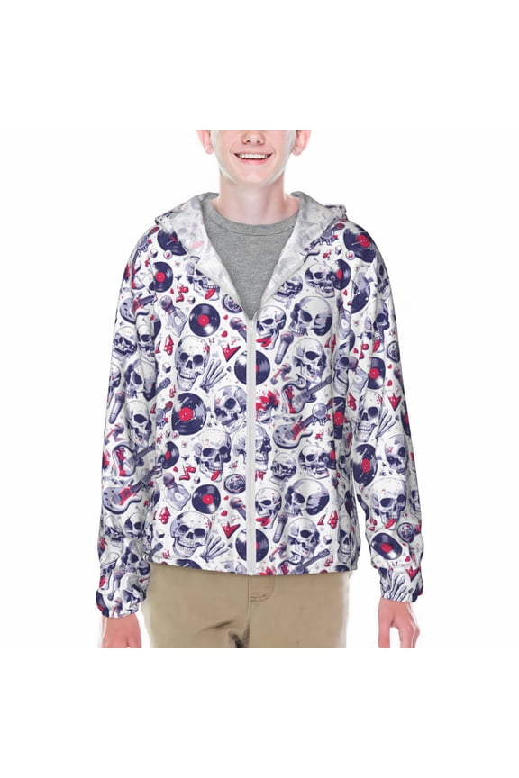 music Skull record mike Print Sun Protection Jacket Hooded Cooling Shirt with Pockets Hiking Outdoor Performance-X-Large