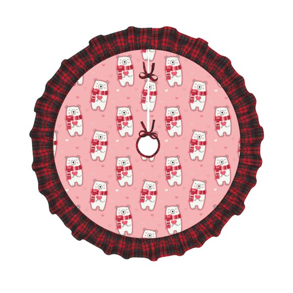 Honeii pink Scarf bear Pattern Christmas Tree Skirt, Christmas Ribbon Holly Winter Holiday Tree Mat Decoration-30"