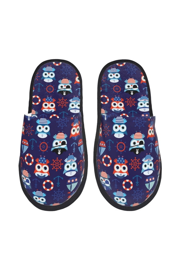 pirate owls and boats Print Furry Slippers Bedroom Slippers for Women and Men Fuzzy Plush Comfy Faux Fur Lined Slide Shoes -Large