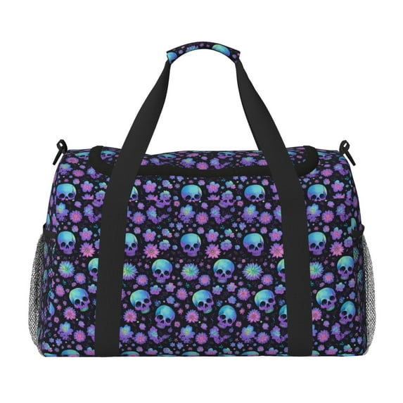 Honeii purple Skull flower Print Gym Bag,Carry on Weekender Overnight Bag, Travel Duffel Bags, Personal Item Travel Bag,Tote Bag,Workout Dance Bag
