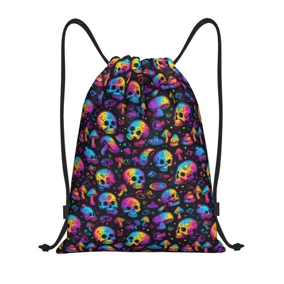 Honeii rainbow color Skull mushroom Print Drawstring Backpack,Drawstring Bags String Backpack Gym Cinch Sack Backpack Sport Bag Draw-Small