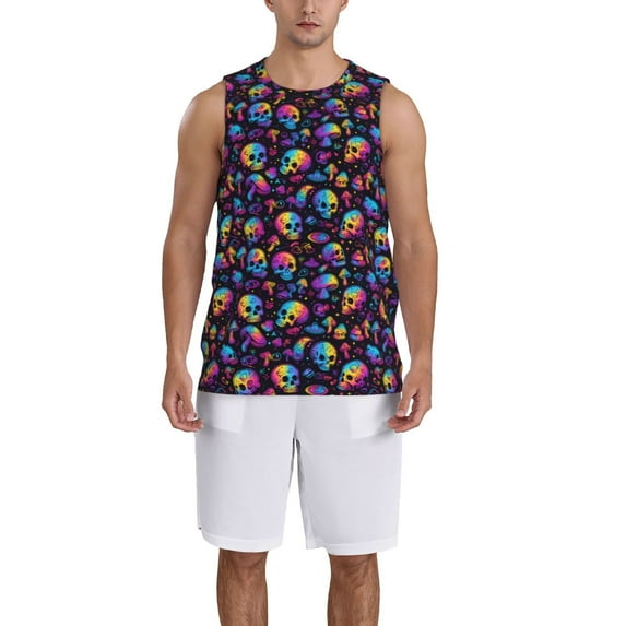 Honeii rainbow color Skull mushroom print basktball shirt for men and women, Unisex basketball jersey for Theme party-3X-Large