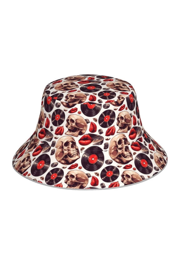record lips Skull for Unisex Bucket Hat Waterproof Rain Hat Reversible Shiny Rave Bucket Hat for Concert Festival Boonie Cap