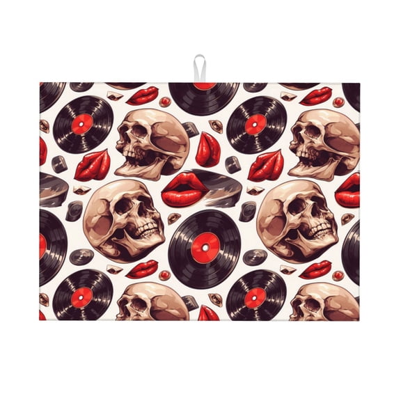 Honeii record lips Skull print Super Absorbent Coffee Bar Mat Hide Stain Coffee Maker Mat for Countertops Coffee Pot Dish Drying Mat for Kitchen Counter