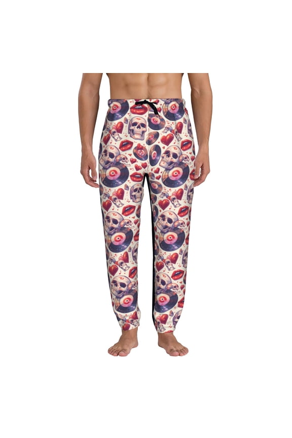 record rock Skull lips Print Mens Jogger Sweatpants, Men's Lounge Pants with Pockets-Small