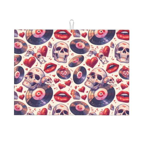 Honeii record rock Skull lips print Super Absorbent Coffee Bar Mat Hide Stain Coffee Maker Mat for Countertops Coffee Pot Dish Drying Mat for Kitchen Counter