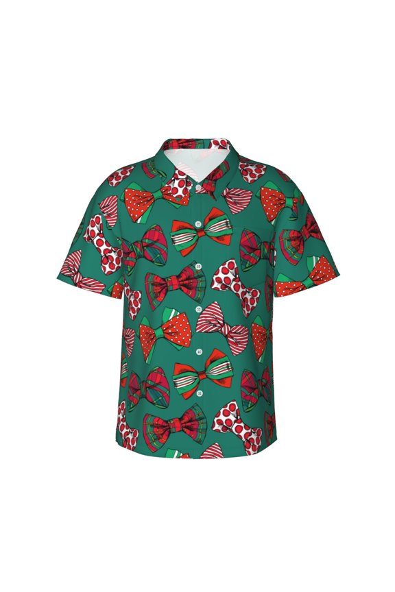 red and green bow tie Print Men’s Hawaiian Shirt,Classic Button-Down Short Sleeve Shirt, for Beach, Vacation, and Outdoor Activities,Small