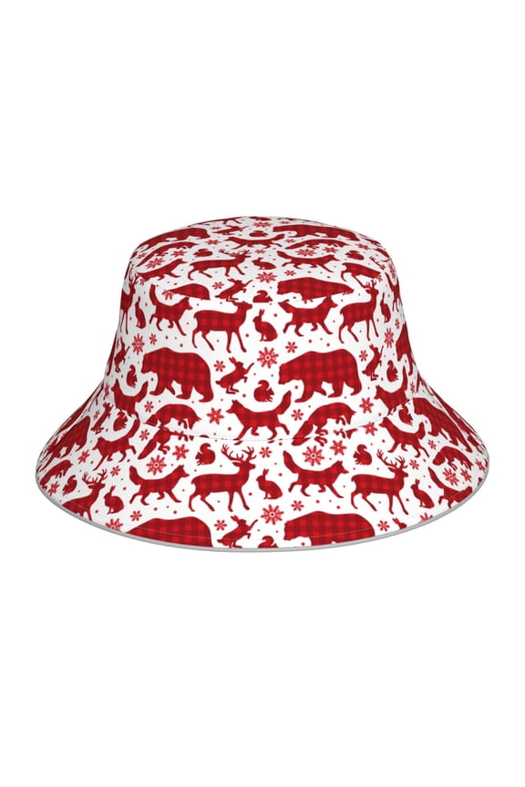 red plaid Moose Bunny bear for Unisex Bucket Hat Waterproof Rain Hat Reversible Shiny Rave Bucket Hat for Concert Festival Boonie Cap