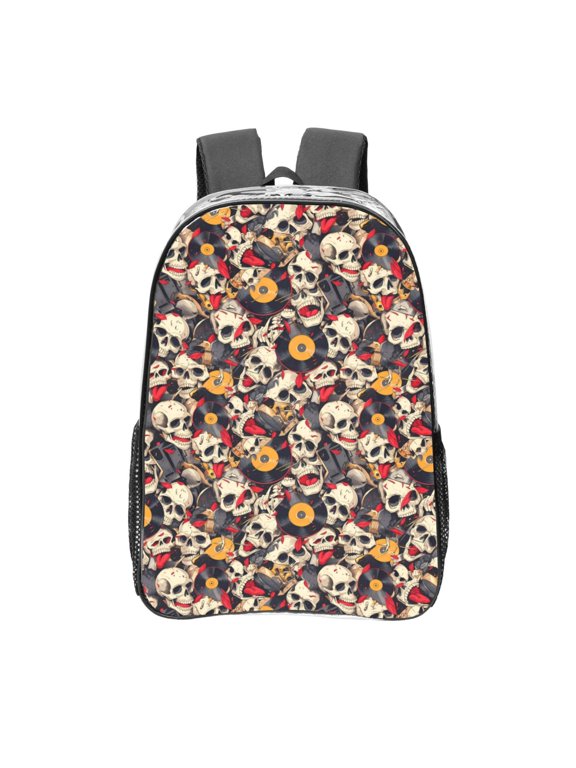 rock Skull record artist Print Clear Backpack Heavy Duty Transparent Bag 17" See Through BookBag for Women Men Adults Work Festival Sports Travel
