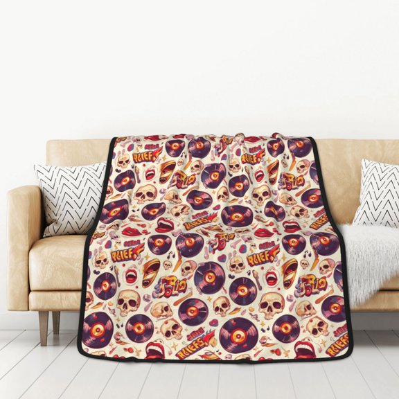 Honeii rock music Skull record for Throw Blanket for Couch - Thick Blanket, Soft Fuzzy Plush Throw Blanket for All Seasons, Double Sided Blanket,50x60 In