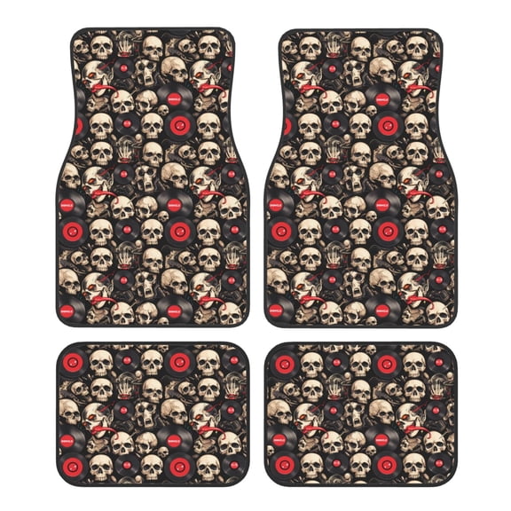 Honeii rock record Skull Print Car Foot Mat Four-Piece Set - Front & Rear Universal Car Floor Mats for SUVs, Trucks, Sedans