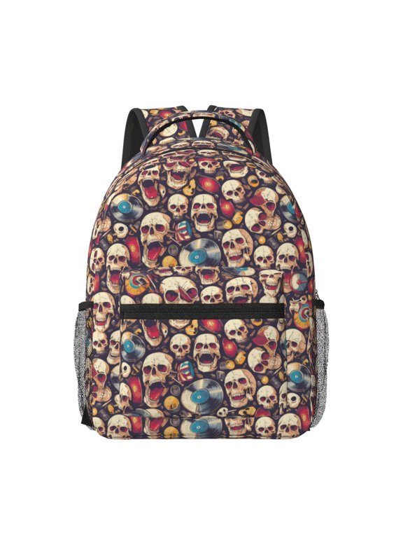 rock record music Skull Print Backpack for School,15.6 inch Laptop Back Pack for High School and College Students, Waterproof Computer Bookbag-One Size
