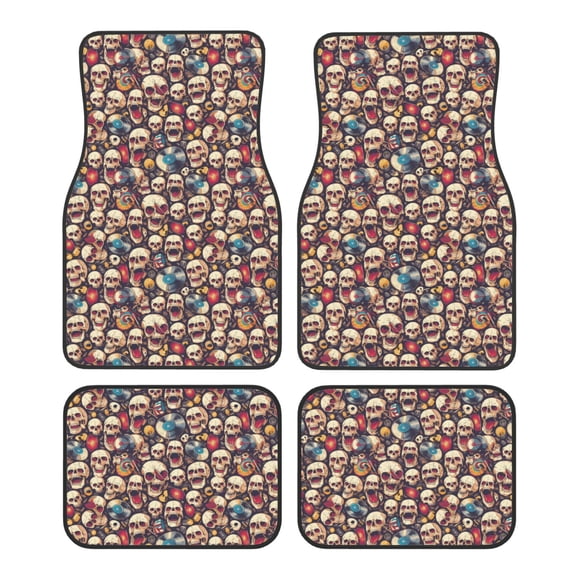 Honeii rock record music Skull Print Car Foot Mat Four-Piece Set - Front & Rear Universal Car Floor Mats for SUVs, Trucks, Sedans