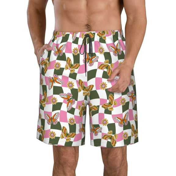Honeii's Abstract Pink Plaid Butterfly Print Men's Casual Shorts with Drawstring，Swim Trunks Quick Dry Beach Shorts