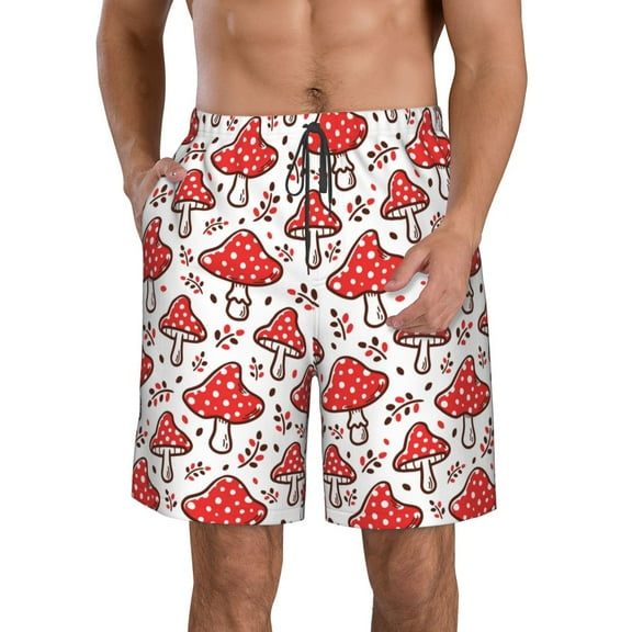 Honeii's Amanita Red Mushroom Print Men's Casual Shorts with Drawstring，Swim Trunks Quick Dry Beach Shorts