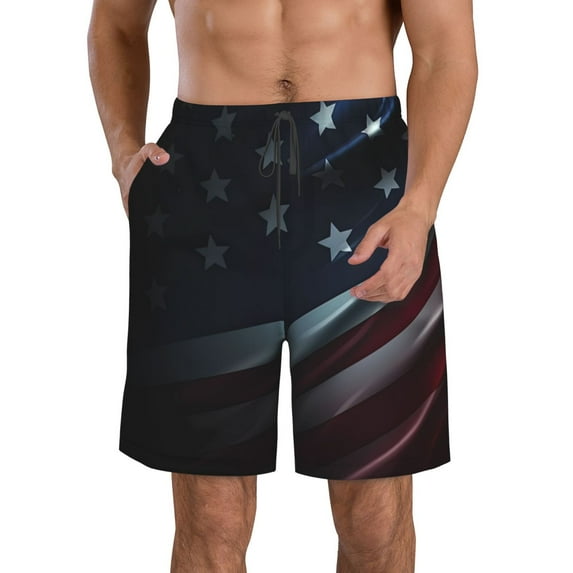 Honeii's American Flag Waving Print Men's Casual Shorts with Drawstring,Swim Trunks Quick Dry Beach Shorts