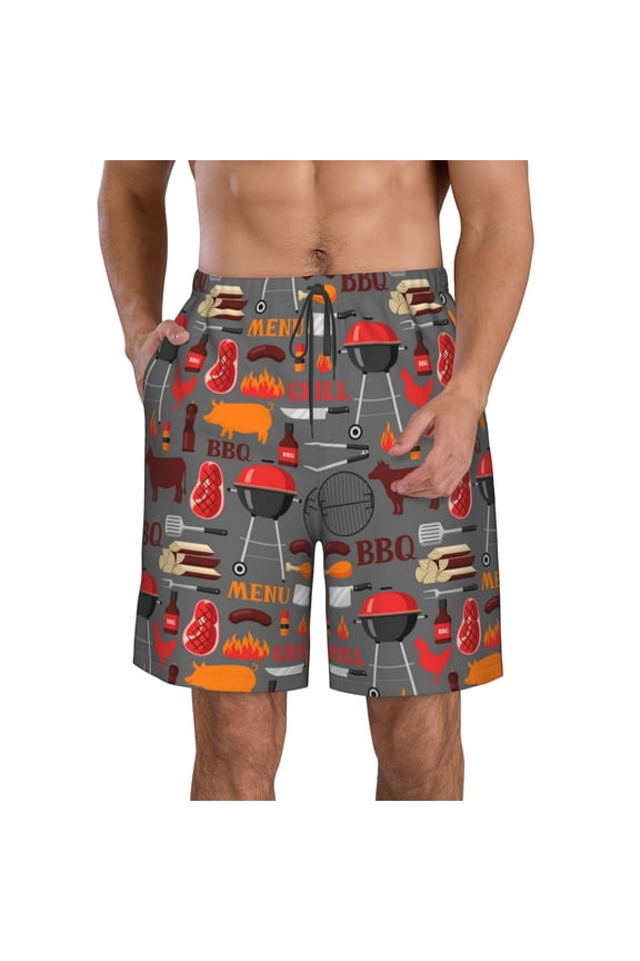's BBQ Icons Print Men's Casual Shorts with Drawstring，Swim Trunks Quick Dry Beach Shorts