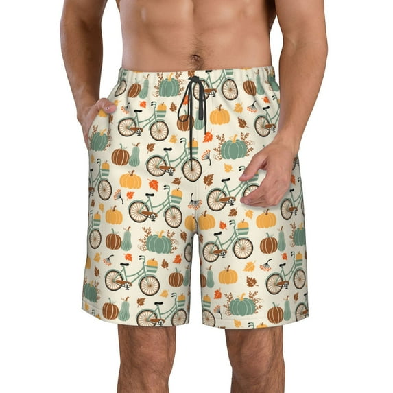 Honeii's Bicycle And Pumpkins Print Men's Casual Shorts with Drawstring,Swim Trunks Quick Dry Beach Shorts