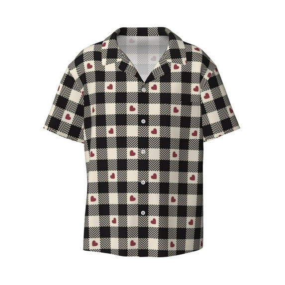 Honeii 's Black Plaid Heart for men's short-sleeved button-up collared shirt featuring a pocket, perfect for beach vacations, and travel adventures.