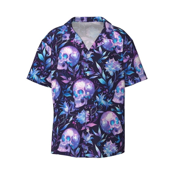 Honeii 's Blue Skull Crystal for men's short-sleeved button-up collared shirt featuring a pocket, perfect for beach vacations, and travel adventures.