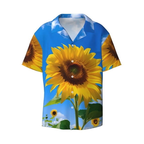 Honeii 's Blue Sky Sunflower for men's short-sleeved button-up collared shirt featuring a pocket, perfect for beach vacations, and travel adventures.