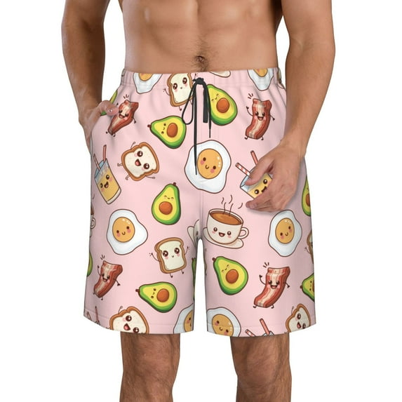 Honeii's Breakfast Print Men's Casual Shorts with Drawstring,Swim Trunks Quick Dry Beach Shorts