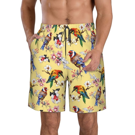 Honeii's Bright Birds Print Men's Casual Shorts with Drawstring，Swim Trunks Quick Dry Beach Shorts