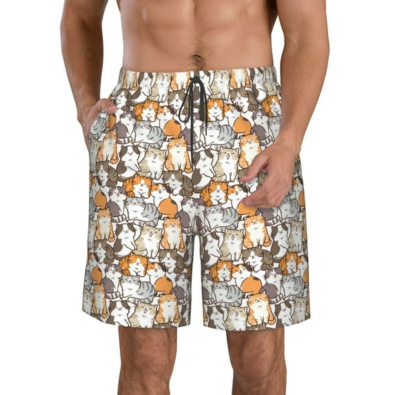 Honeii's Cartoon Cat 1 Print Men's Casual Shorts with Drawstring,Swim Trunks Quick Dry Beach Shorts