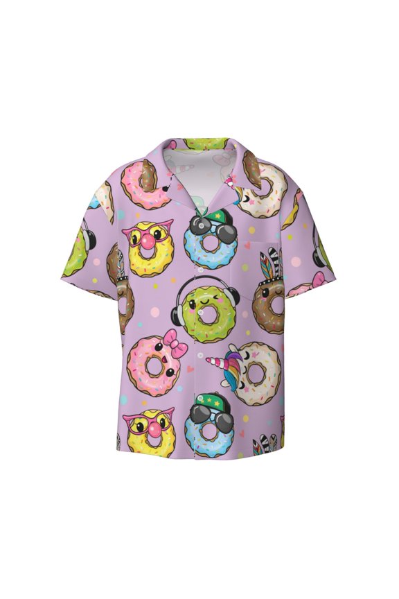 's Cartoon Donuts for men's short-sleeved button-up collared shirt featuring a pocket, perfect for beach vacations, and travel adventures.