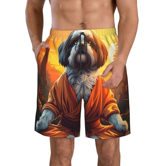 Honeii's Cartoon Puppy Sunset Print Men's Casual Shorts with Drawstring,Swim Trunks Quick Dry Beach Shorts
