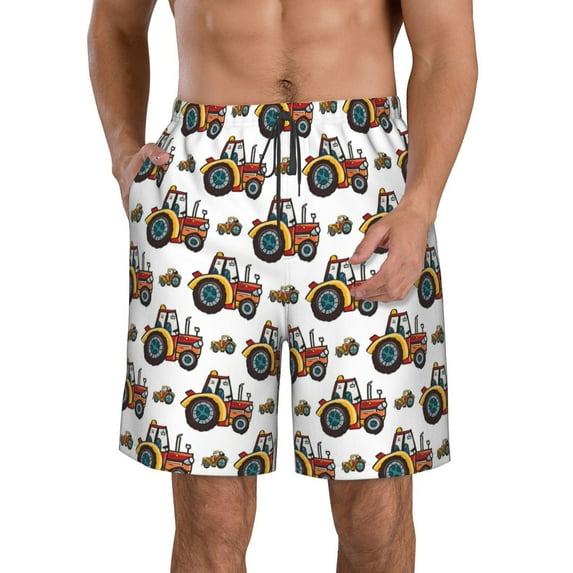 Honeii's Cartoon Tractor Print Men's Casual Shorts with Drawstring,Swim Trunks Quick Dry Beach Shorts