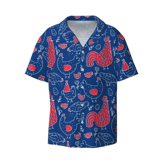 Honeii 's Chicken and Rooster for men's short-sleeved button-up collared shirt featuring a pocket, perfect for beach vacations, and travel adventures.