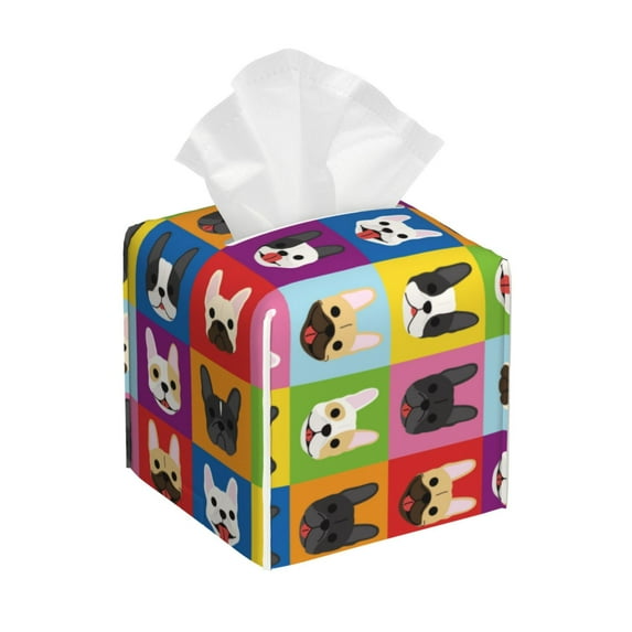 Honeii 's Colorful Bulldog for Leather Square Tissue Box Cover Holder: A Stylish Organizer for Tabletops, Bathrooms, Cars & Offices