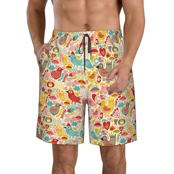 Honeii's Colorful Chicken Print Men's Casual Shorts with Drawstring，Swim Trunks Quick Dry Beach Shorts