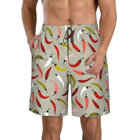 Honeii's Colorful Chili Print Men's Casual Shorts with Drawstring,Swim Trunks Quick Dry Beach Shorts