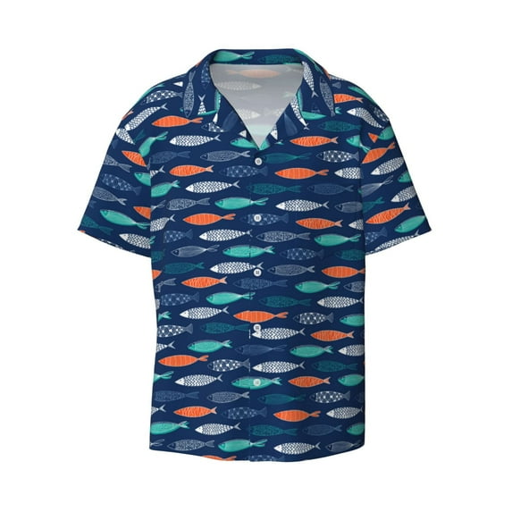 Honeii 's Colorful Fish 3 for men's short-sleeved button-up collared shirt featuring a pocket, perfect for beach vacations, and travel adventures.