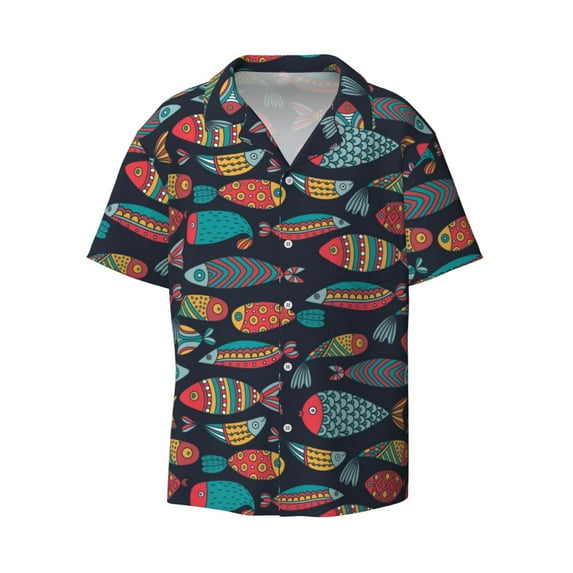 Honeii 's Colorful Fish for men's short-sleeved button-up collared shirt featuring a pocket, perfect for beach vacations, and travel adventures.