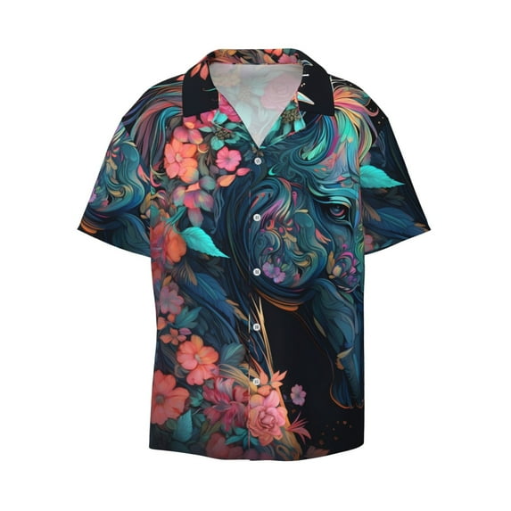 Honeii 's Colorful Floral Patterned Horse for men's short-sleeved button-up collared shirt featuring a pocket, perfect for beach vacations, and travel adventures.