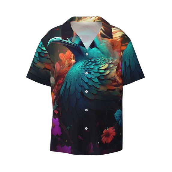Honeii 's Colorful Flower Bird for men's short-sleeved button-up collared shirt featuring a pocket, perfect for beach vacations, and travel adventures.