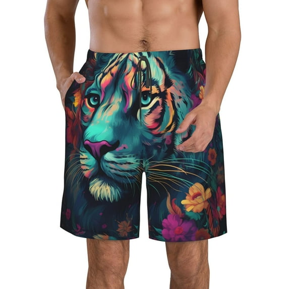 Honeii's Colorful Flower Tiger Print Men's Casual Shorts with Drawstring，Swim Trunks Quick Dry Beach Shorts