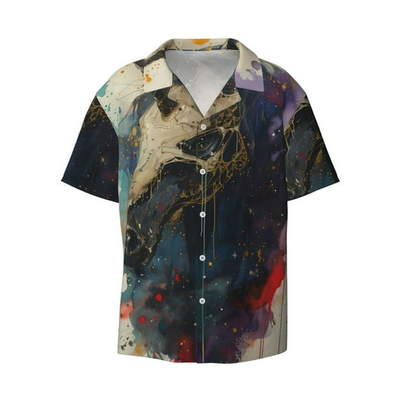 Honeii 's Colorful Ink Cute Horse for men's short-sleeved button-up collared shirt featuring a pocket, perfect for beach vacations, and travel adventures.