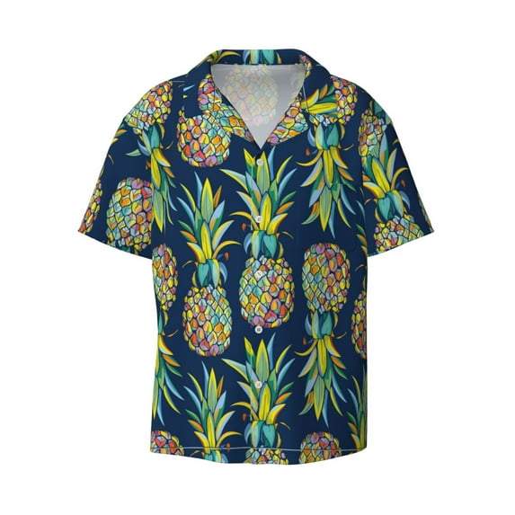 Honeii 's Colorful Pineapples for men's short-sleeved button-up collared shirt featuring a pocket, perfect for beach vacations, and travel adventures.