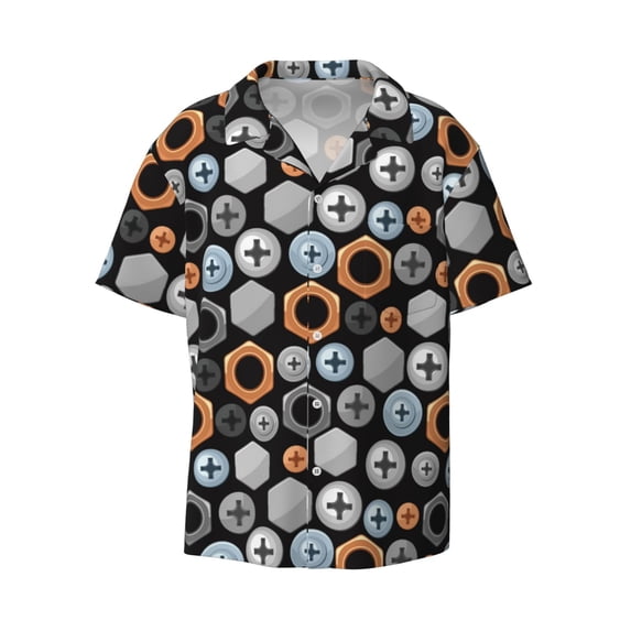 Honeii 's Colorful Screws for men's short-sleeved button-up collared shirt featuring a pocket, perfect for beach vacations, and travel adventures.