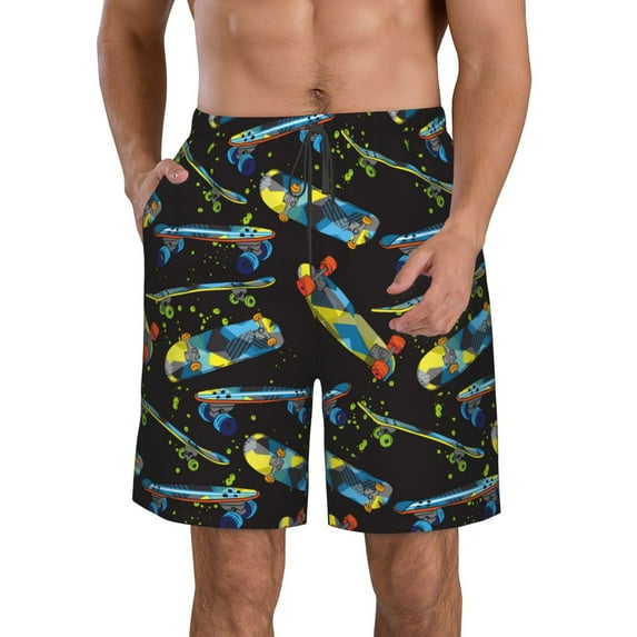 Honeii's Colorful Skateboard Print Men's Casual Shorts with Drawstring，Swim Trunks Quick Dry Beach Shorts