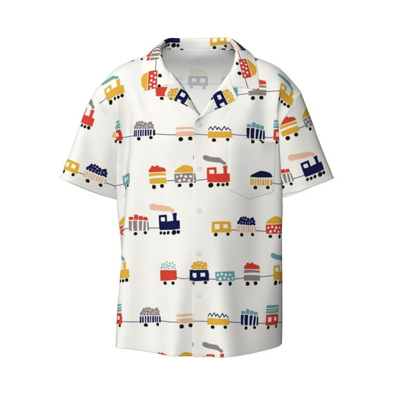 Honeii 's Colorful Trains for men's short-sleeved button-up collared shirt featuring a pocket, perfect for beach vacations, and travel adventures.