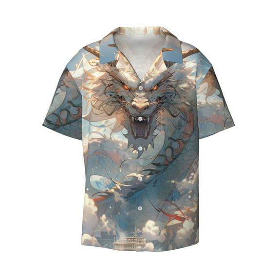 Honeii 's Cool Cloud White Dragon for men's short-sleeved button-up collared shirt featuring a pocket, perfect for beach vacations, and travel adventures.