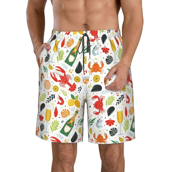 Honeii's Crabs Shrimps Print Men's Casual Shorts with Drawstring,Swim Trunks Quick Dry Beach Shorts